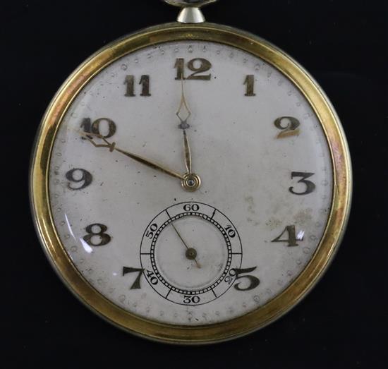 An 18ct two colour gold keyless dress pocket watch and an 18ct gold albert hung with a coin, medallion and 9ct gold swizzle stick,